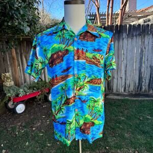 Vintage Made In California Blue Palm Tree Hawaiian Button Shirt Men's